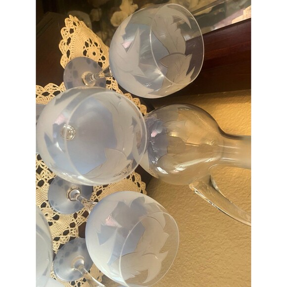 Beautiful Frosted Blue Etched Decanter and Wine Glasses - Picture 4 of 12